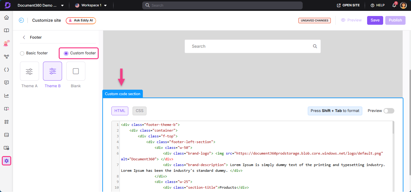 Custom footer section with HTML code for website customization displayed on the screen.
