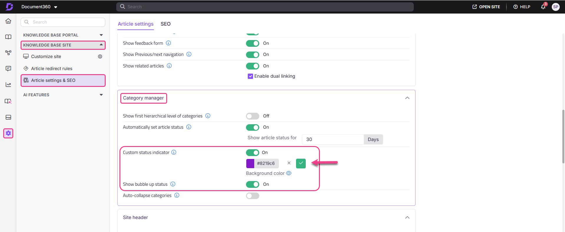 Settings for article management, including category manager and custom status indicators.