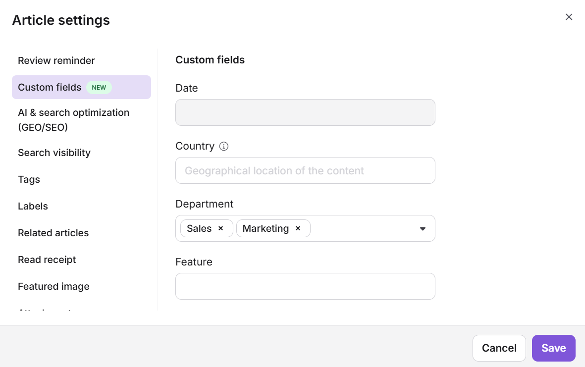 Article settings panel showing the Custom fields section with configured field values