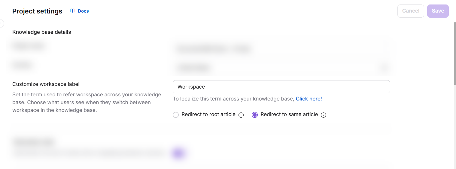 Settings page showing workspace customization options and navigation menu for knowledge base