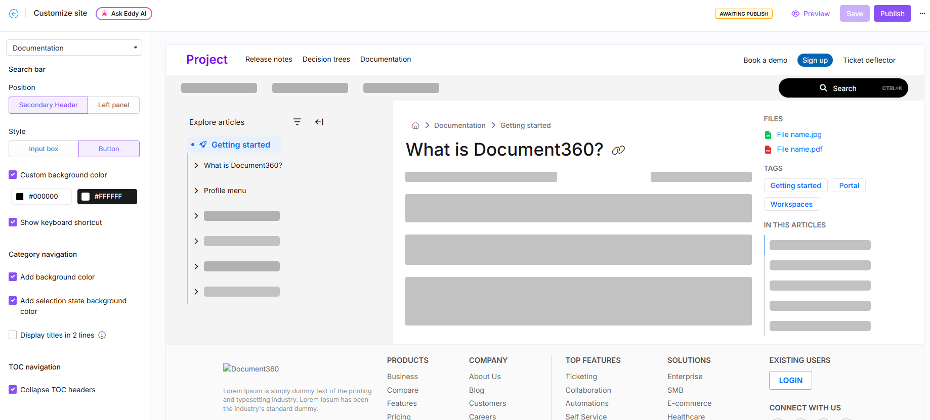 Site customization page showing the Customize site button