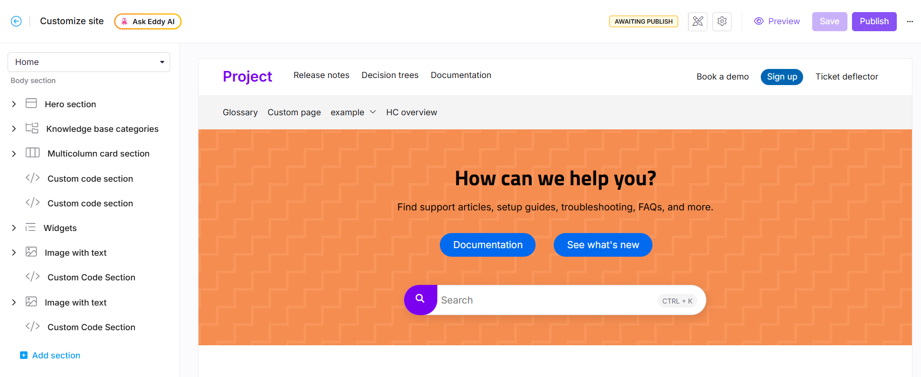Home page builder showing the Themes panel with Engage, Innovate, Learn, and Default options