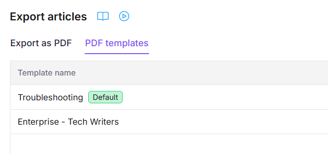 PDF templates overview showing the Default tag next to the default template