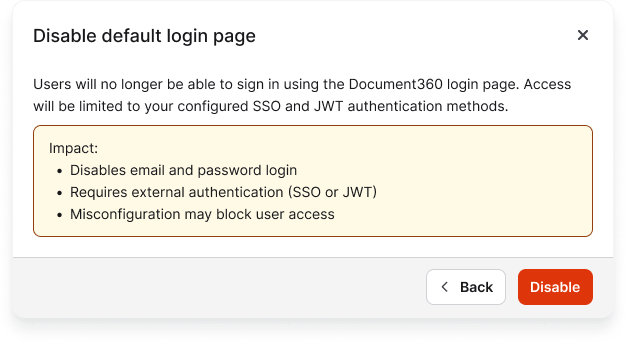 Settings menu showing option to disable Document360 login page in SSO configuration.
