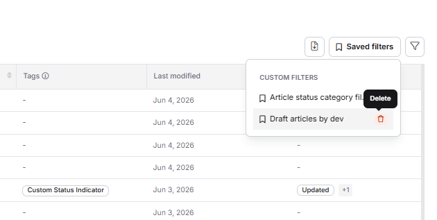 Custom filter list showing delete option on hover