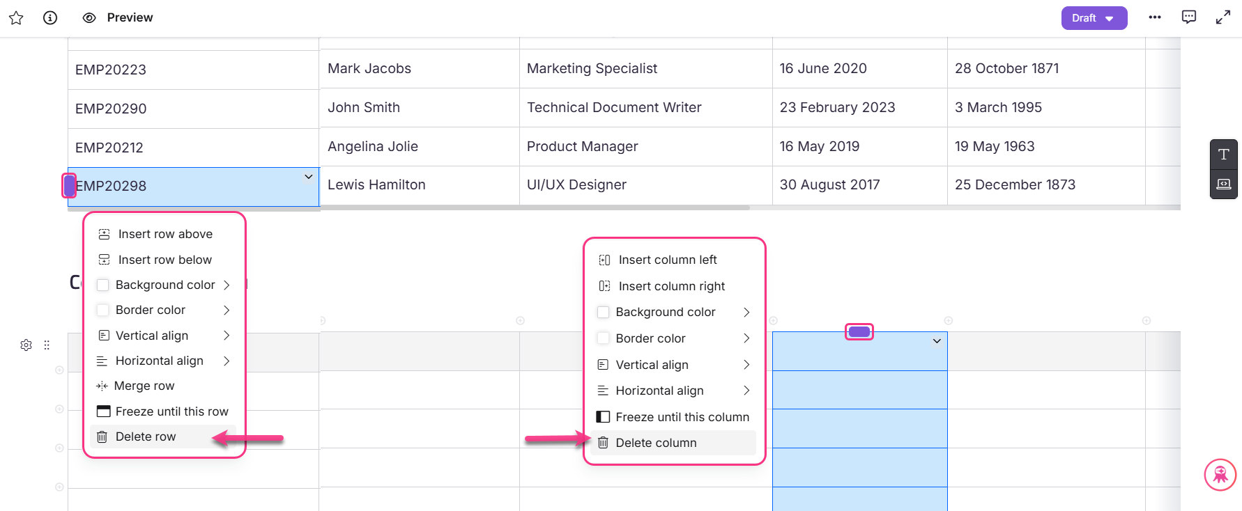 A table displaying employee details with options to insert or delete rows and columns.