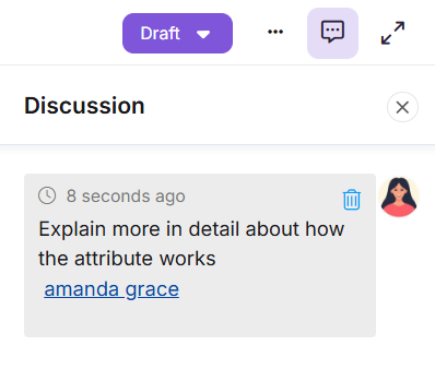 Discussion section showing a recent article review with a delete option highlighted.