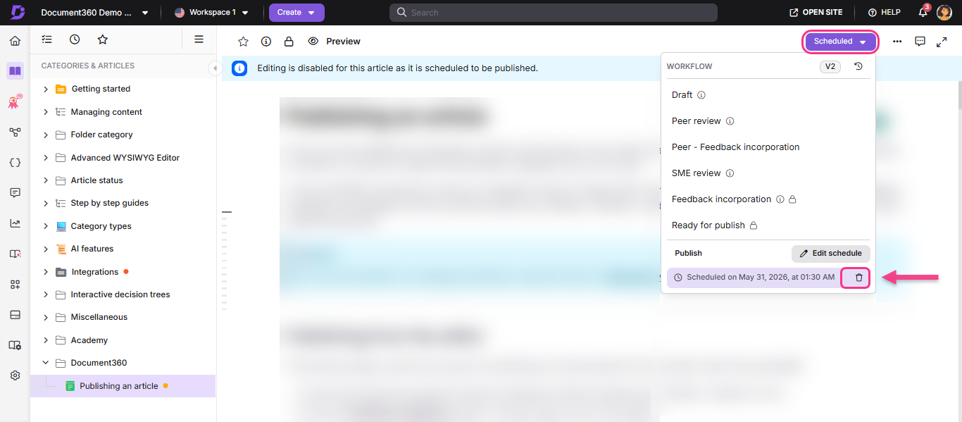 Editing is disabled for a scheduled article in Document360's workflow interface.
