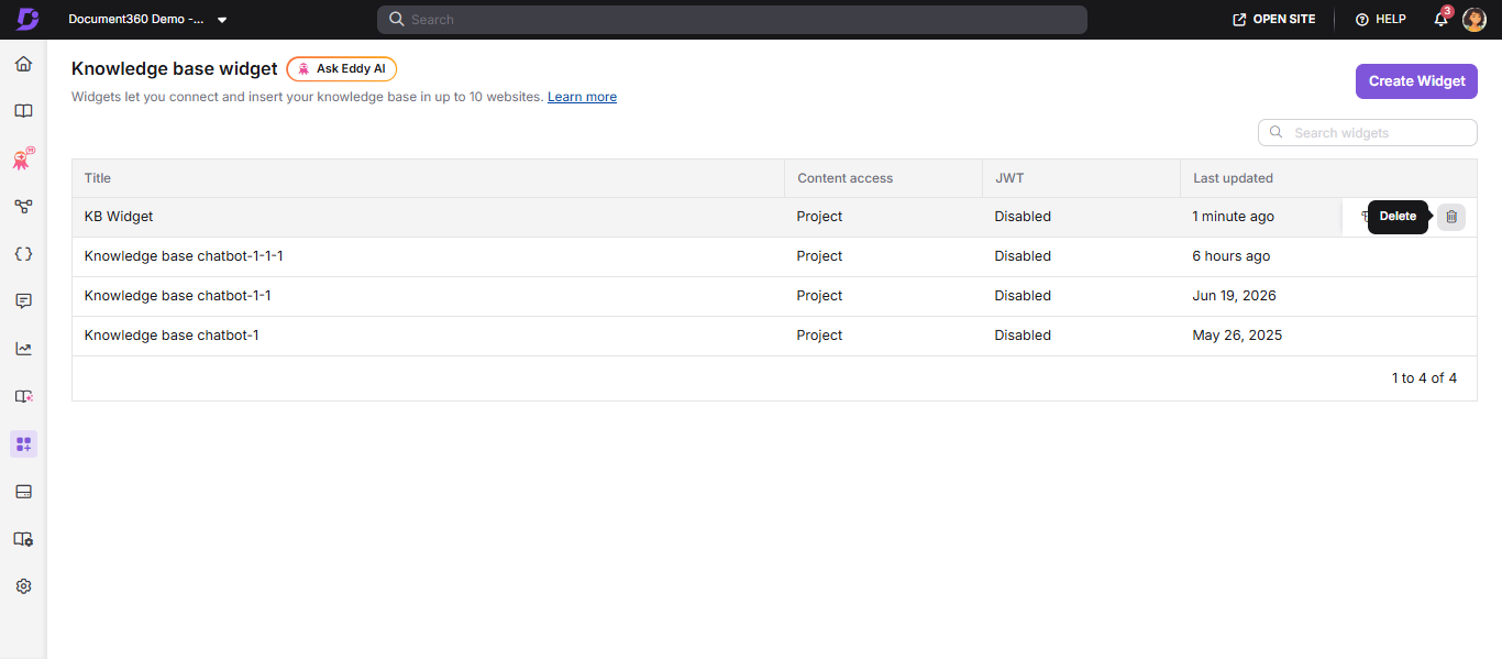 Document360 interface showing widget options and delete button for knowledge base management.