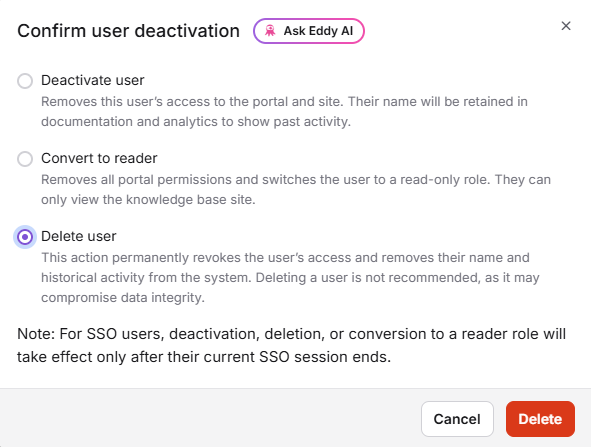 User management interface displaying user roles, statuses, and options for account actions.