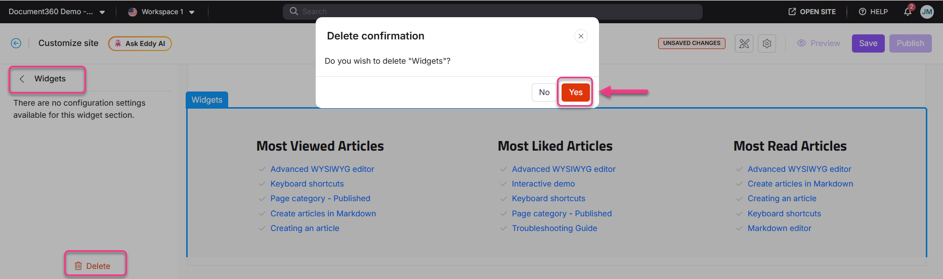 Confirmation dialog asking to delete the 'Widgets' section in the interface.
