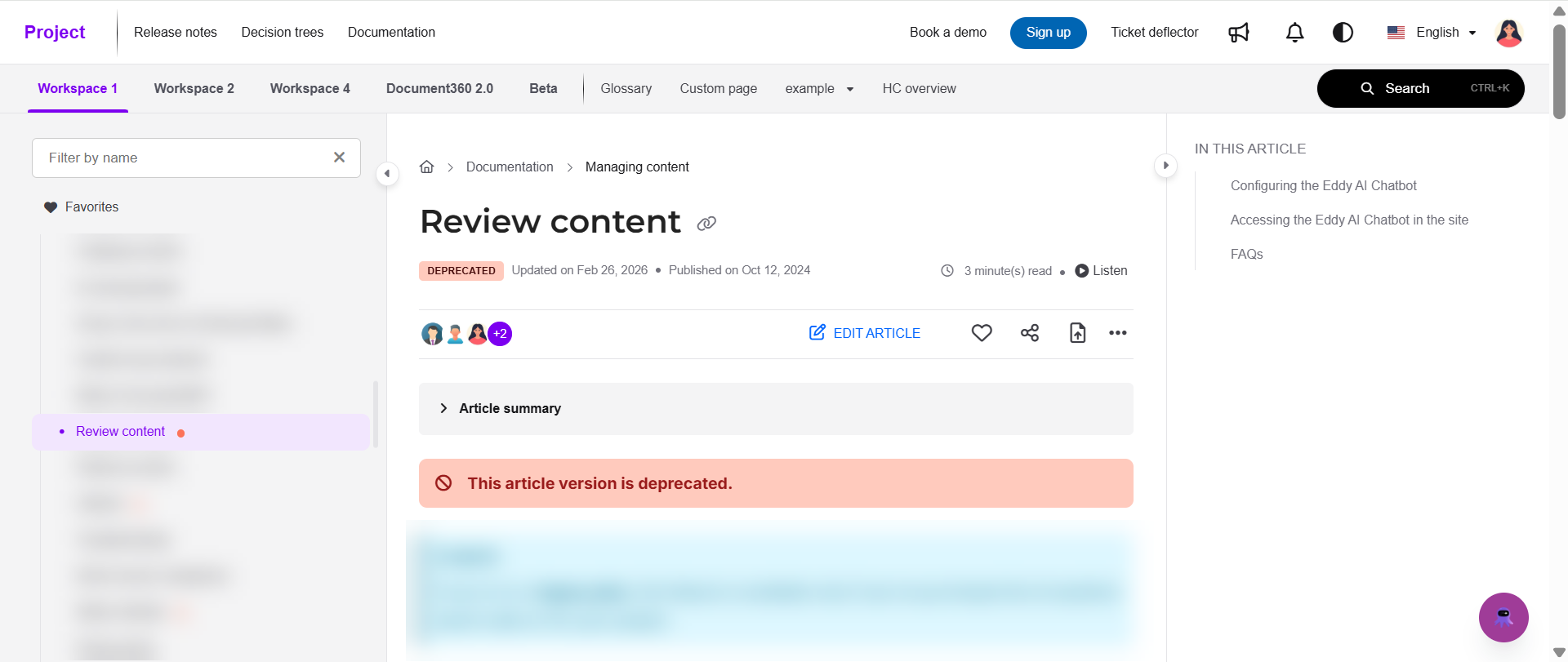 Knowledge base site view of a deprecated article showing the Deprecated tag and banner message