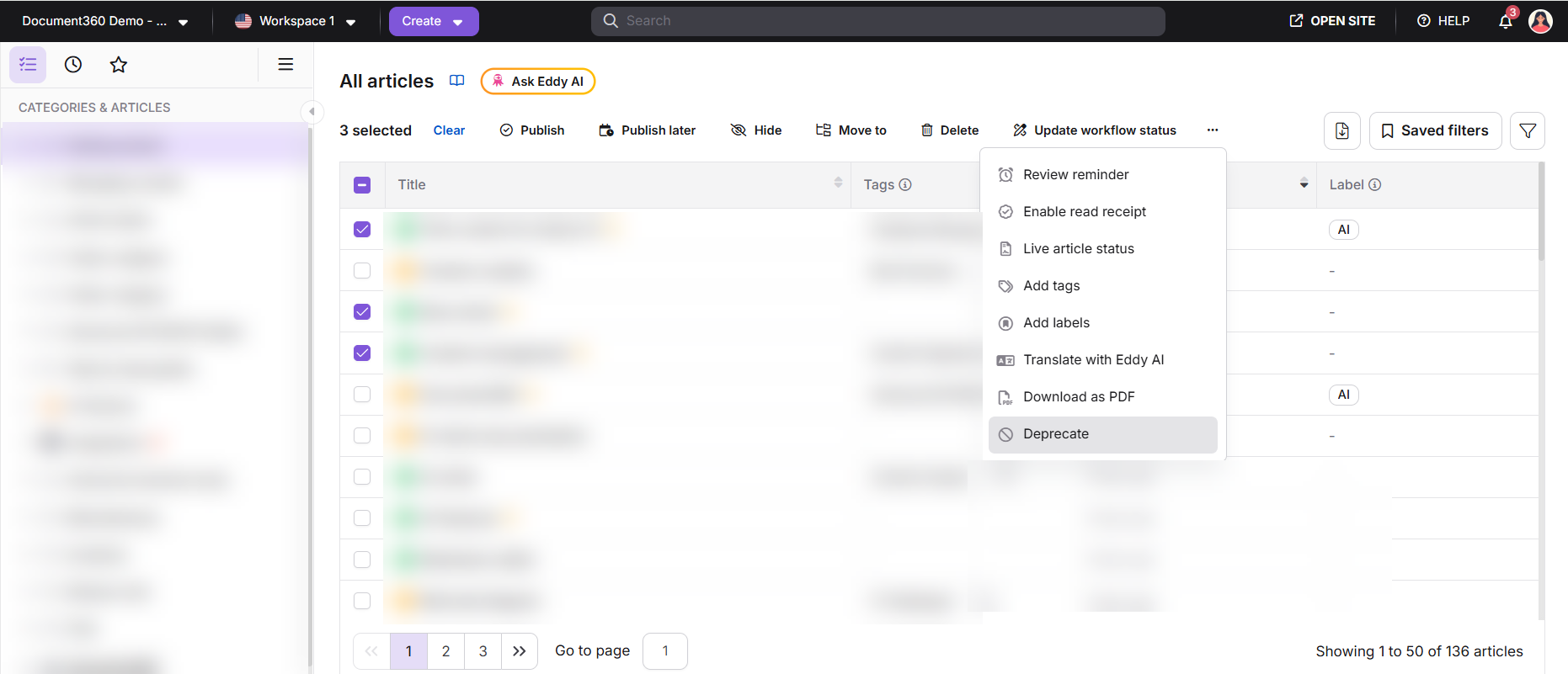 All articles page showing multiple articles selected with the Deprecate option in the More menu
