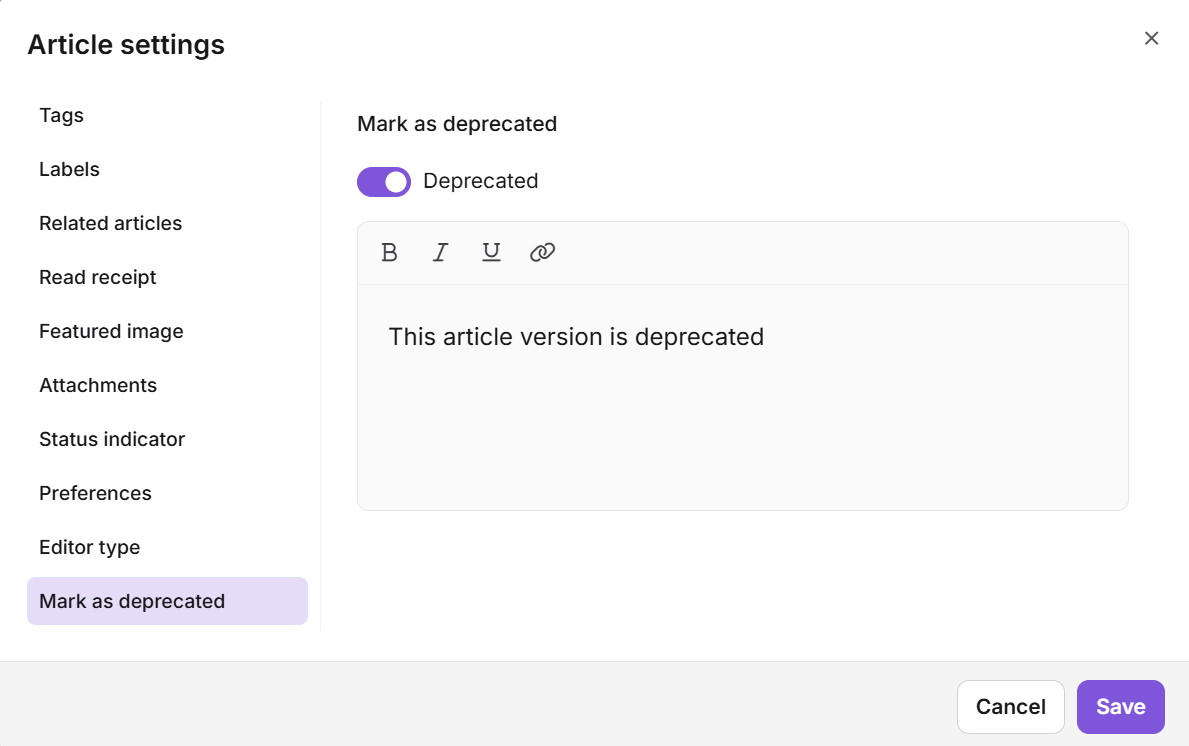 Mark as deprecated tab in the Article settings panel with the Deprecated toggle enabled