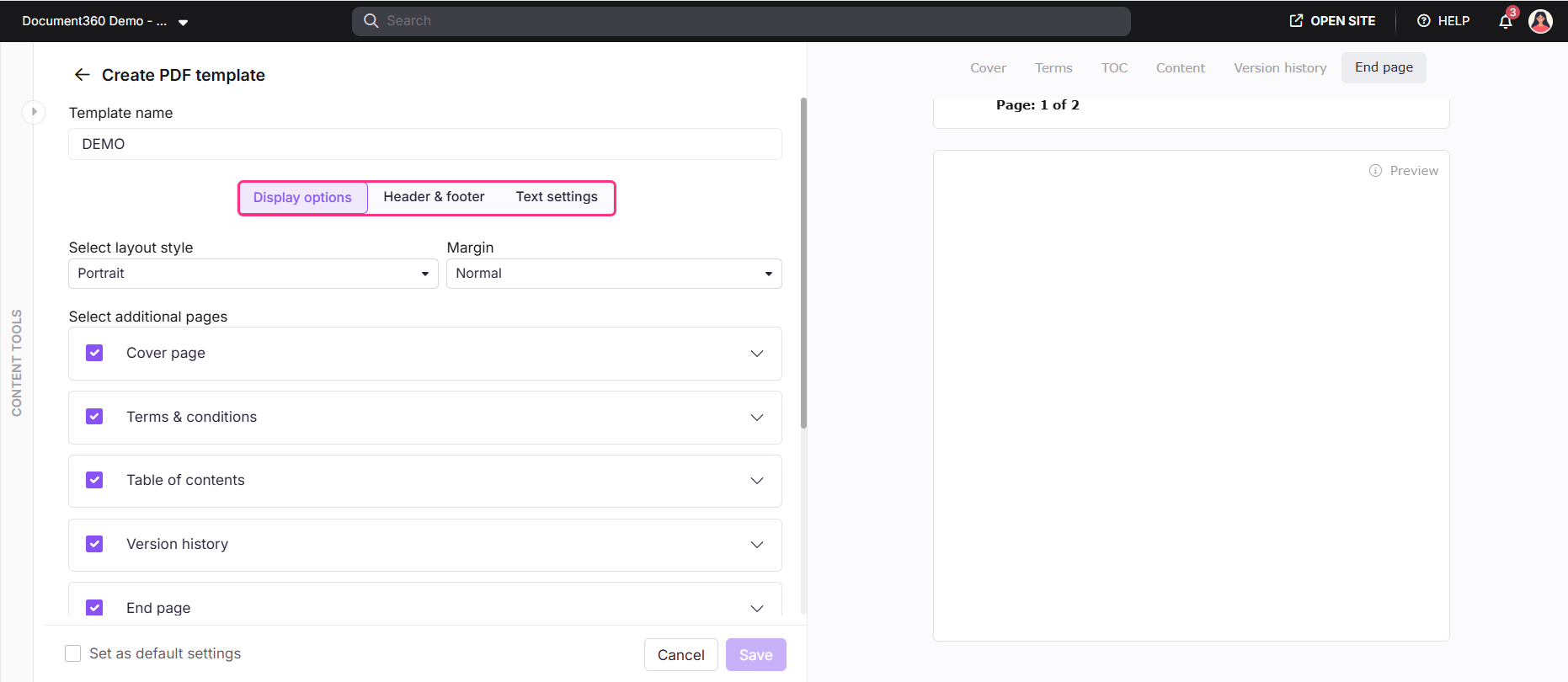 Create PDF template panel showing the three configuration tabs