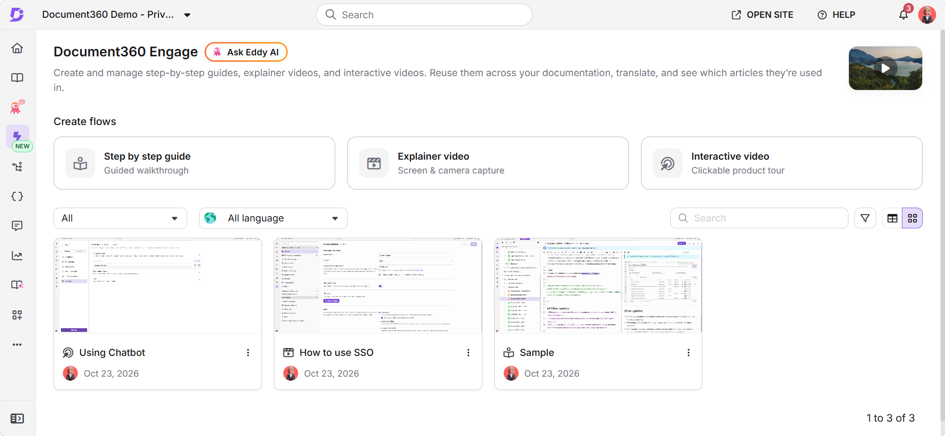 Document360 Engage page showing the Create flows options and a list of guides, videos, and demos