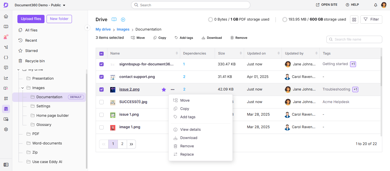 List view in Document360 Drive showing file columns and More menu