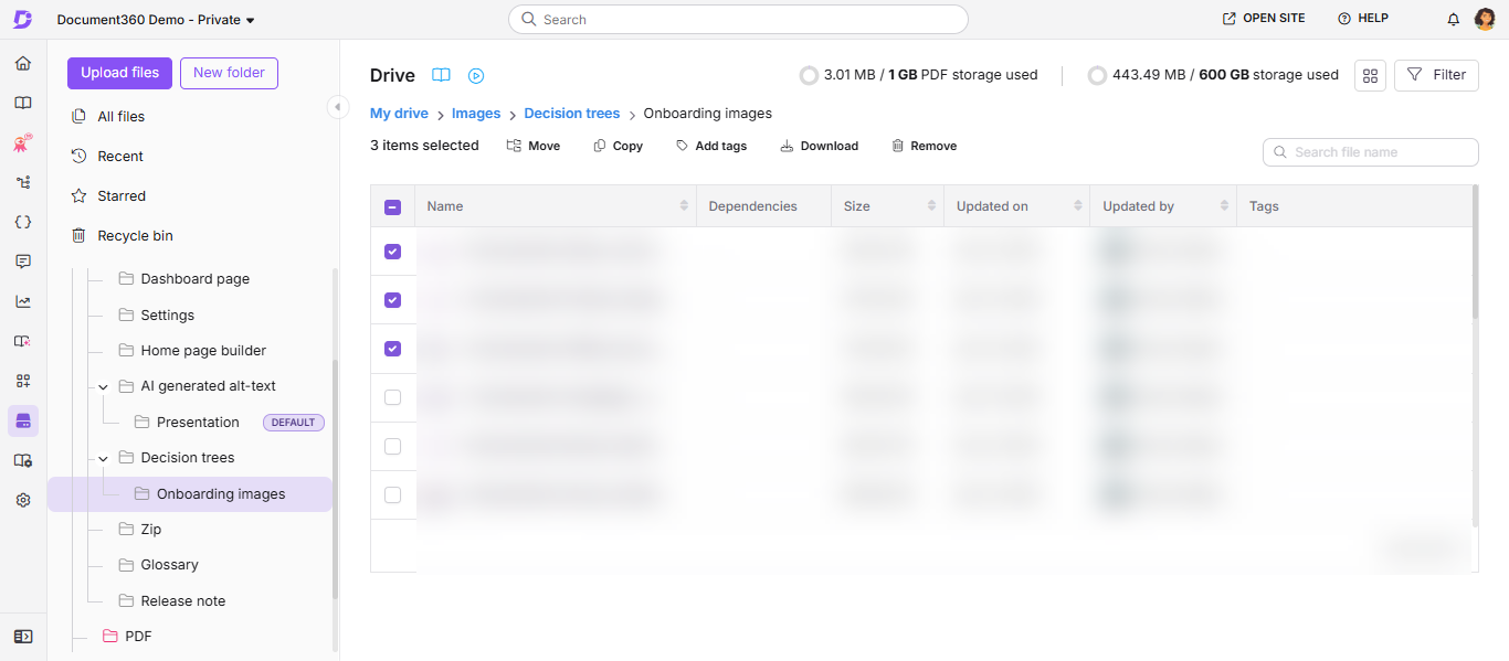 File management interface showing selected items with options to move, copy, and download.