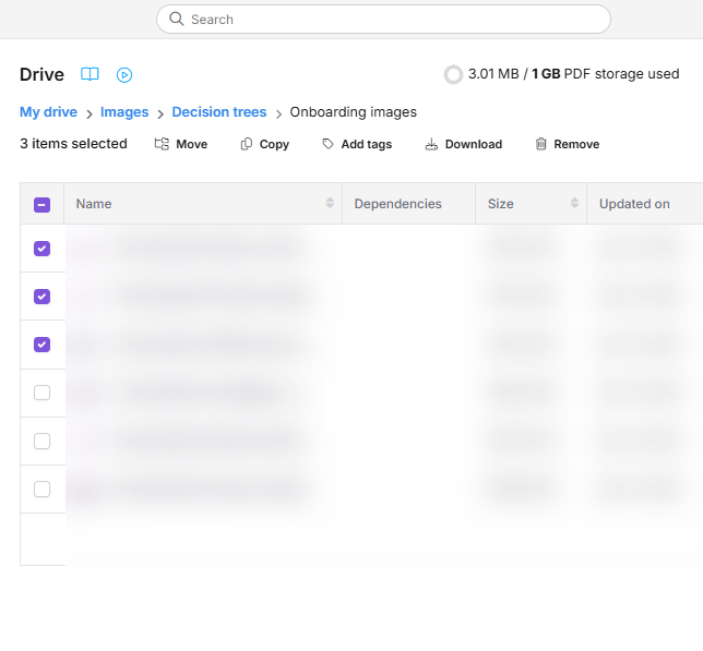 Document360 interface showing file organization and storage usage details in the drive.