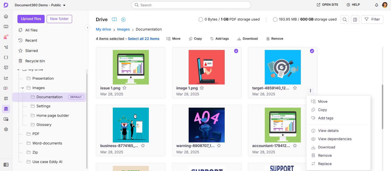 Grid view in Document360 Drive showing file thumbnails and bulk action menu