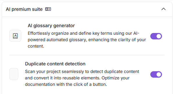 Eddy AI settings page with the Duplicate content detection toggle highlighted in the AI Premium suite section.