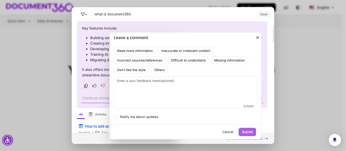 Feedback options for Eddy response showing Like and Dislike buttons with comment field.