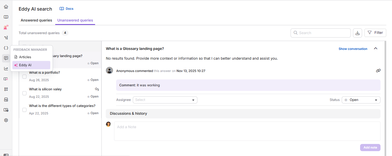 Manage feedback pop-up showing assignee and status options for bulk updates.