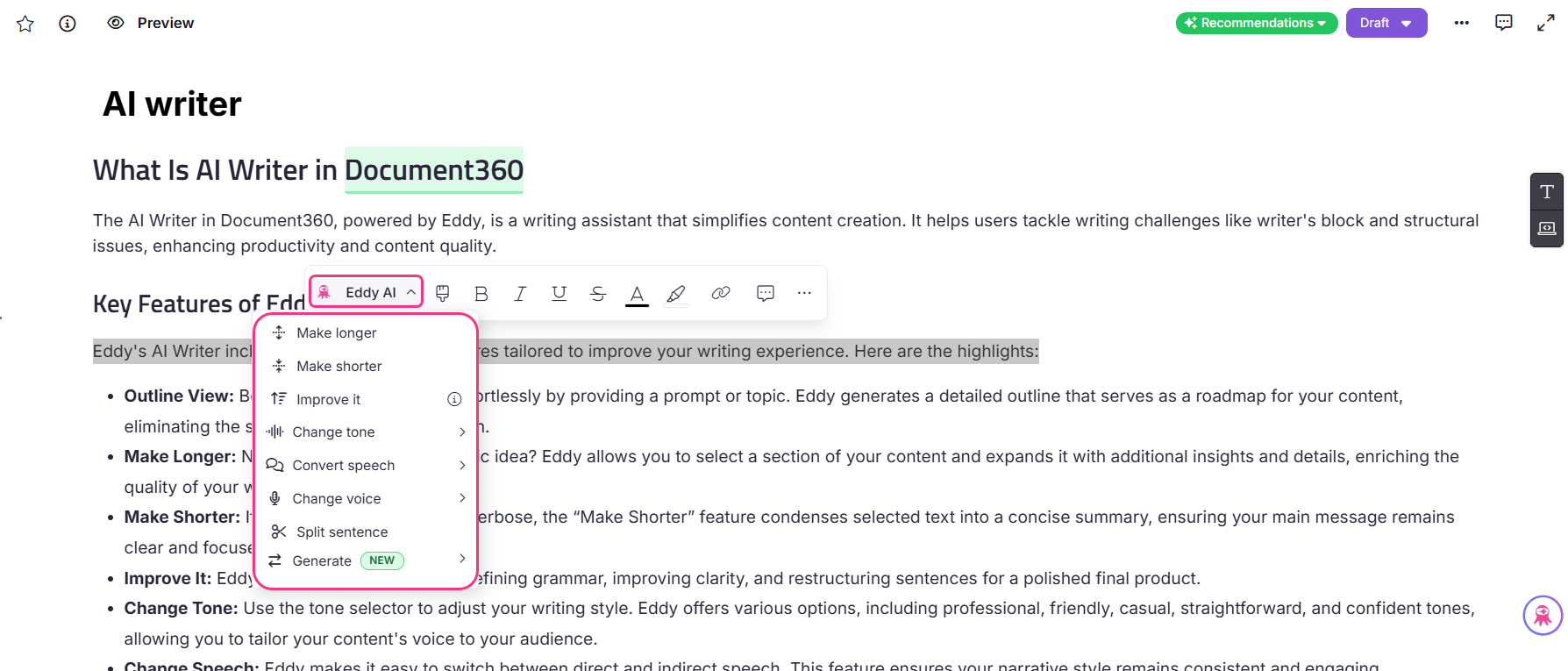 Overview of AI Writer features in Document360, highlighting key functionalities and options.