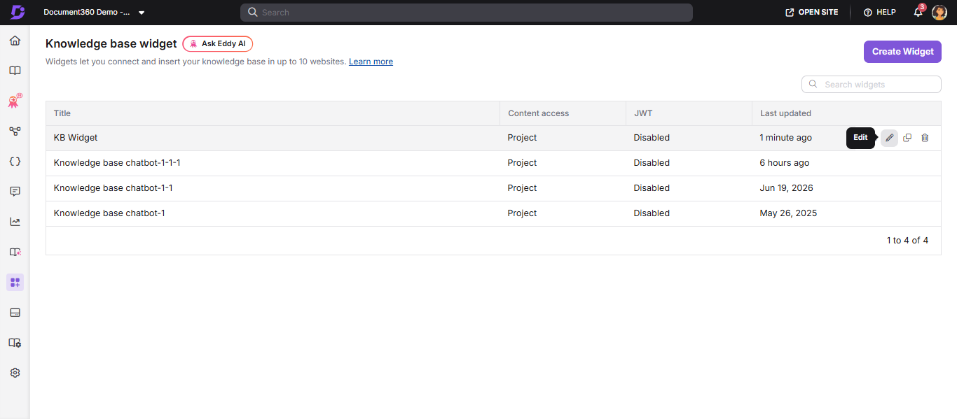 Document360 interface showing knowledge base widget options and edit functionality.