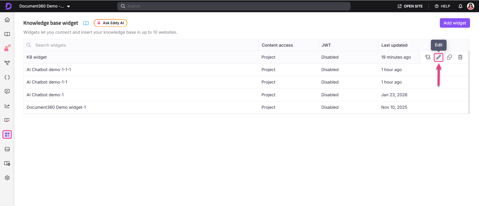 Document360 interface showing knowledge base widget options and edit functionality.