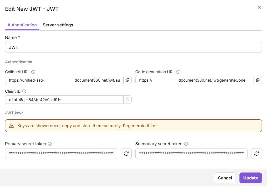 Edit JWT configuration panel showing the JWT keys section, with Regenerate next to the primary and secondary secret tokens.
