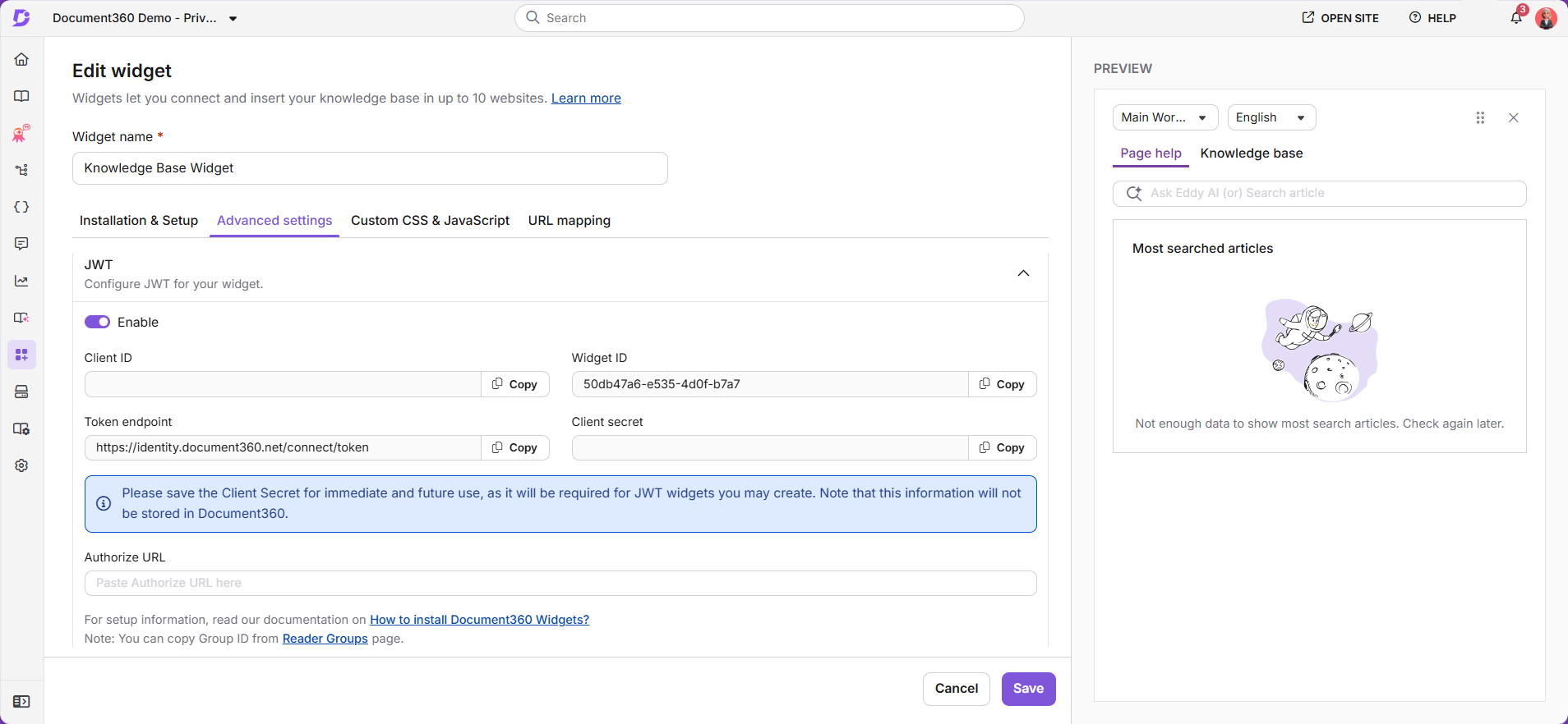 JWT configuration section in the knowledge base widget settings showing required fields.