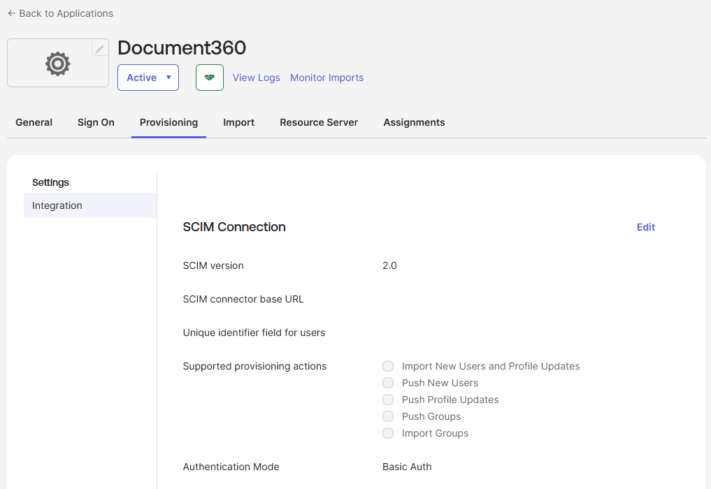 The Edit option next to SCIM Connection on the Provisioning tab in Okta