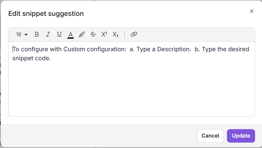 Edit snippet suggestion dialog showing the editable text field, formatting options, and Update button.
