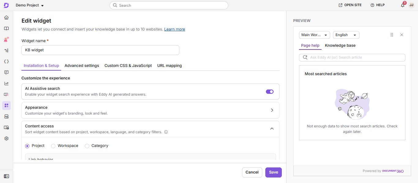 Content access section in the knowledge base widget showing filter levels and Link behavior settings.