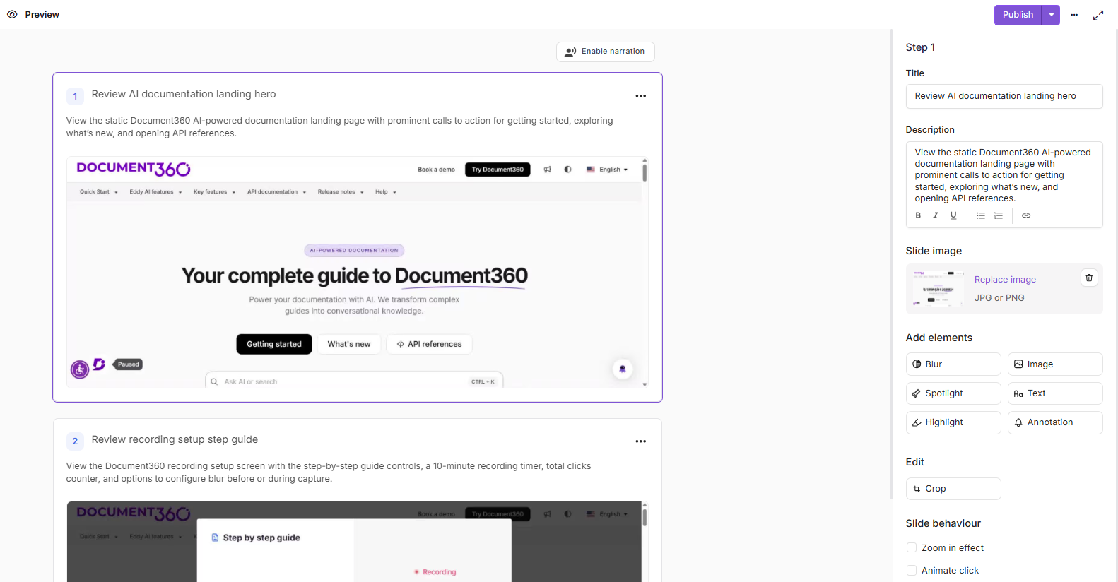 Step by step guide editor with the right pane showing the step Title, Description, Slide image, and Add elements options