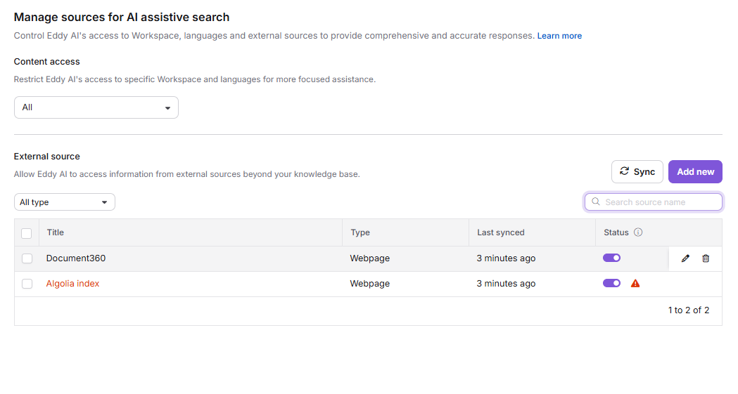 Manage sources overview page showing all indexed external sources with controls for content access, filter, sync, and individual source actions.