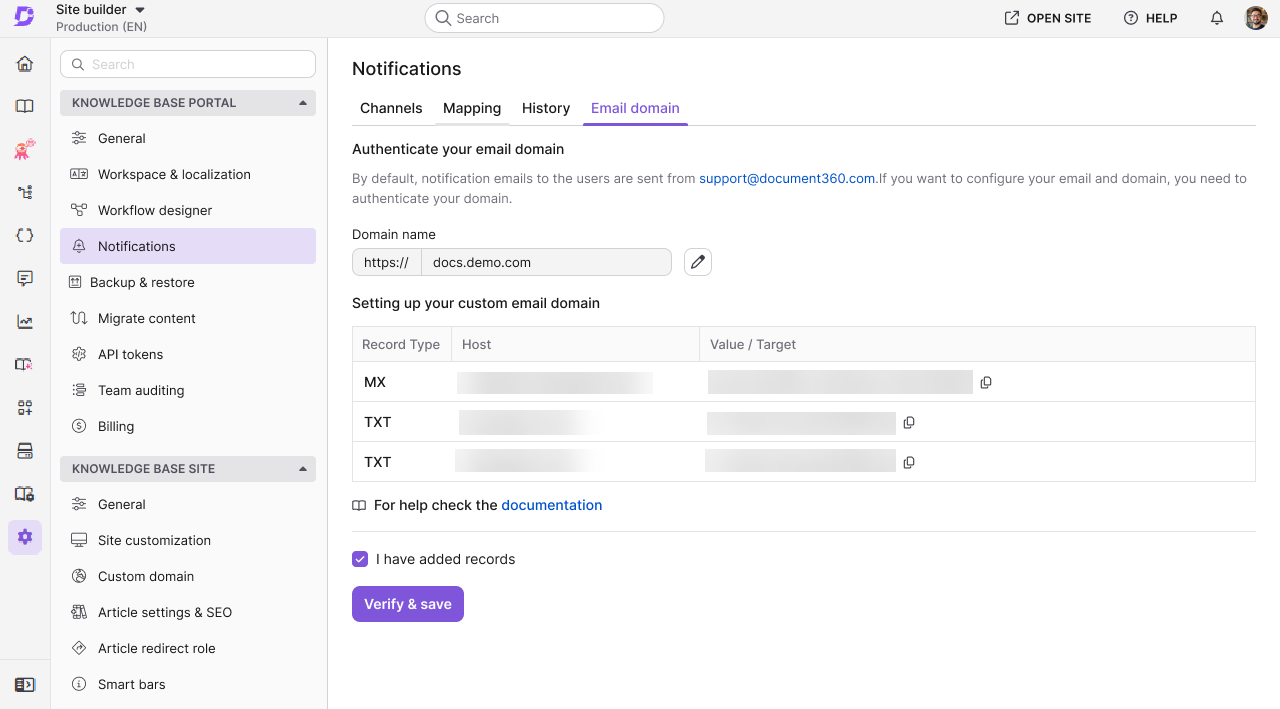 Configuring email domain settings with highlighted options for verification and DNS records.