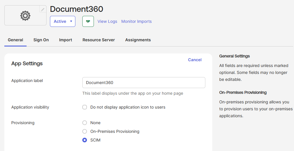 The SCIM option selected under Provisioning in the App Settings of the Okta app