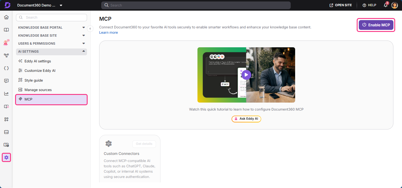 Document360 MCP settings page with tutorial video and options for AI configuration.
