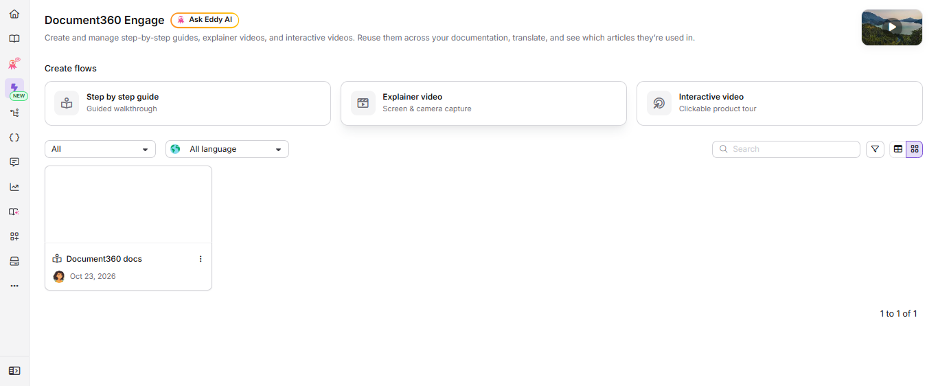 Document360 Engage page with Explainer video selected under Create flows