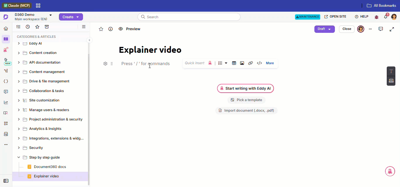 Creating an explainer video from the editor with the Slash command