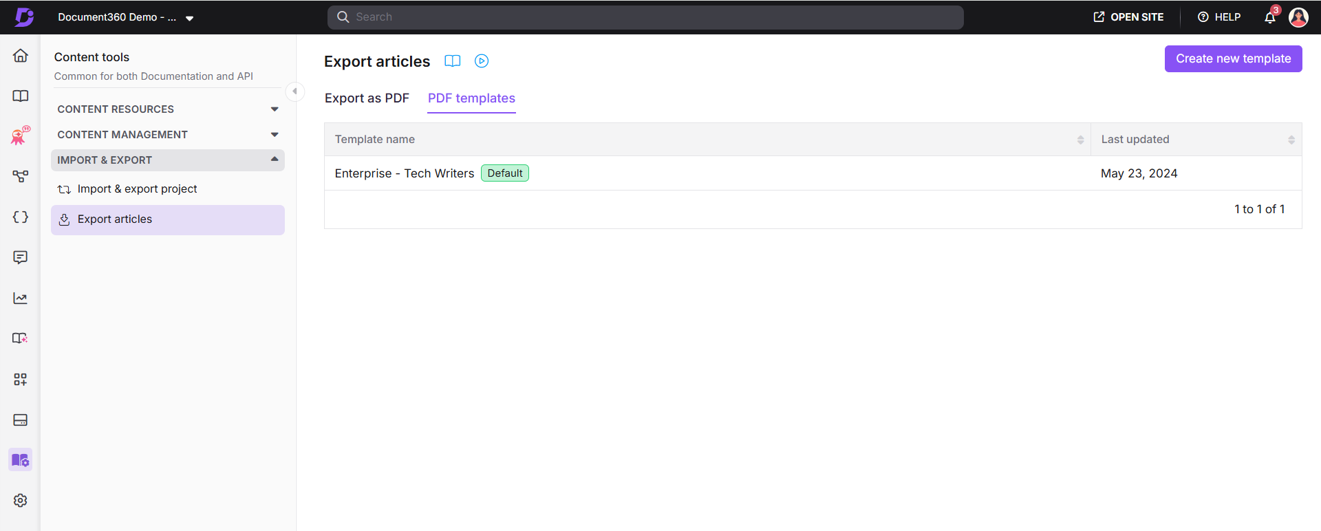 PDF templates overview page showing system and custom templates with management options