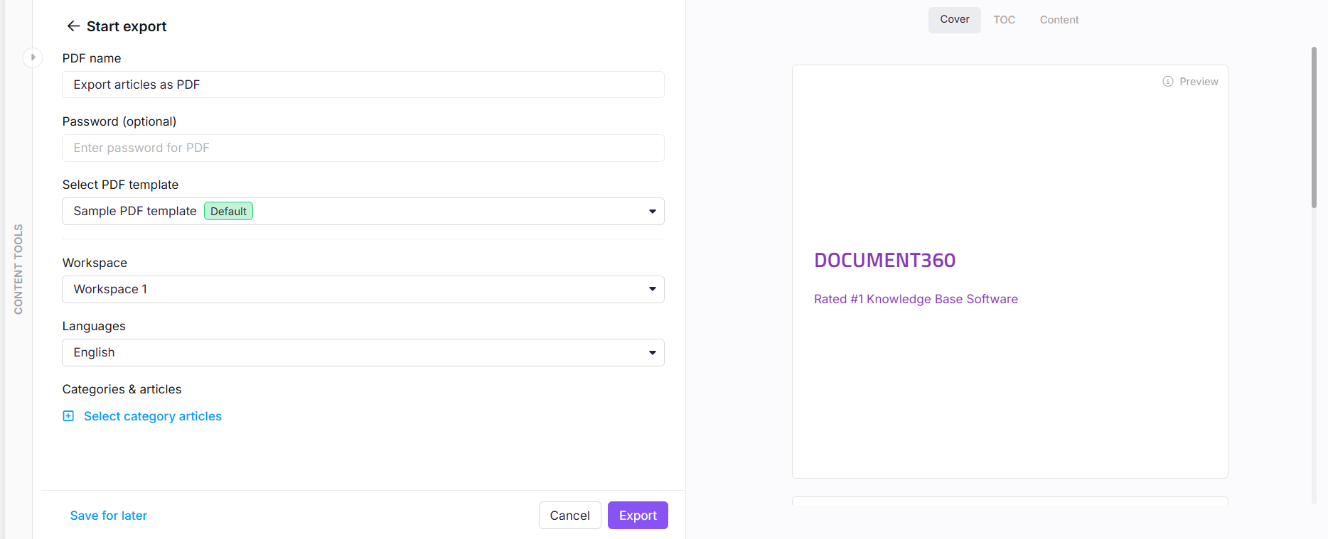 Show start export page