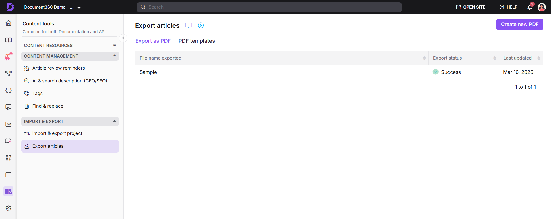 Export articles page showing the Export as PDF tab