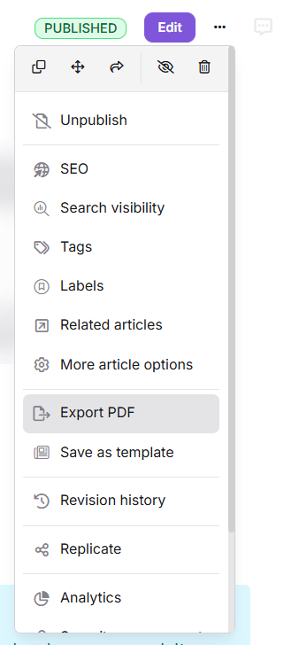More menu in the Advanced WYSIWYG editor showing the Export PDF option