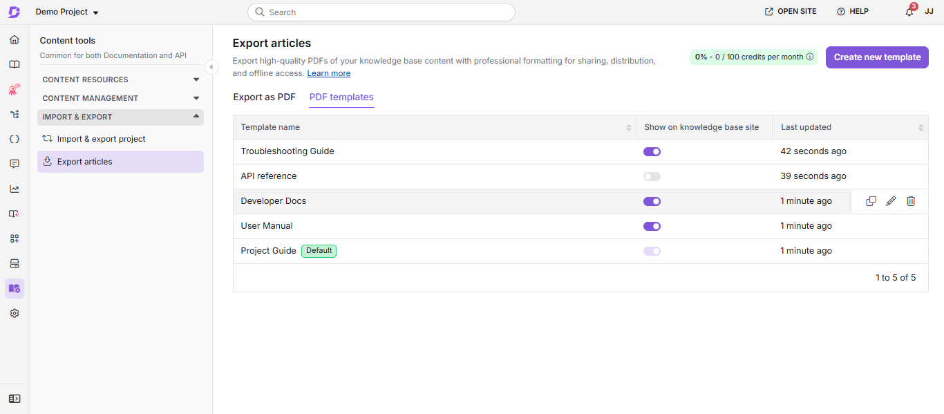 PDF templates overview page showing system and custom templates with management options