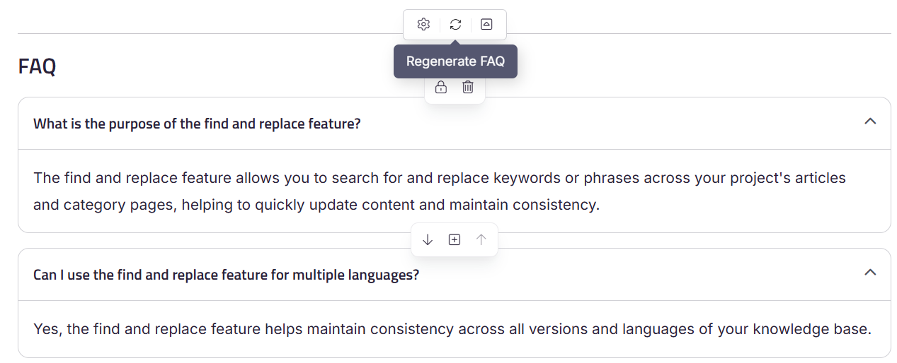 FAQ template inserted with three blank accordion items