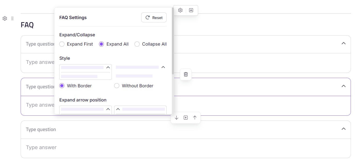 FAQ template inserted with three blank accordion items