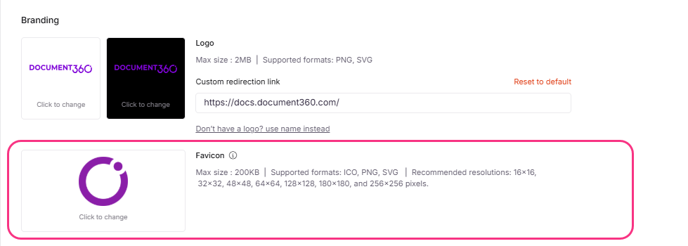 Document360 branding options including logo and favicon settings for customization.
